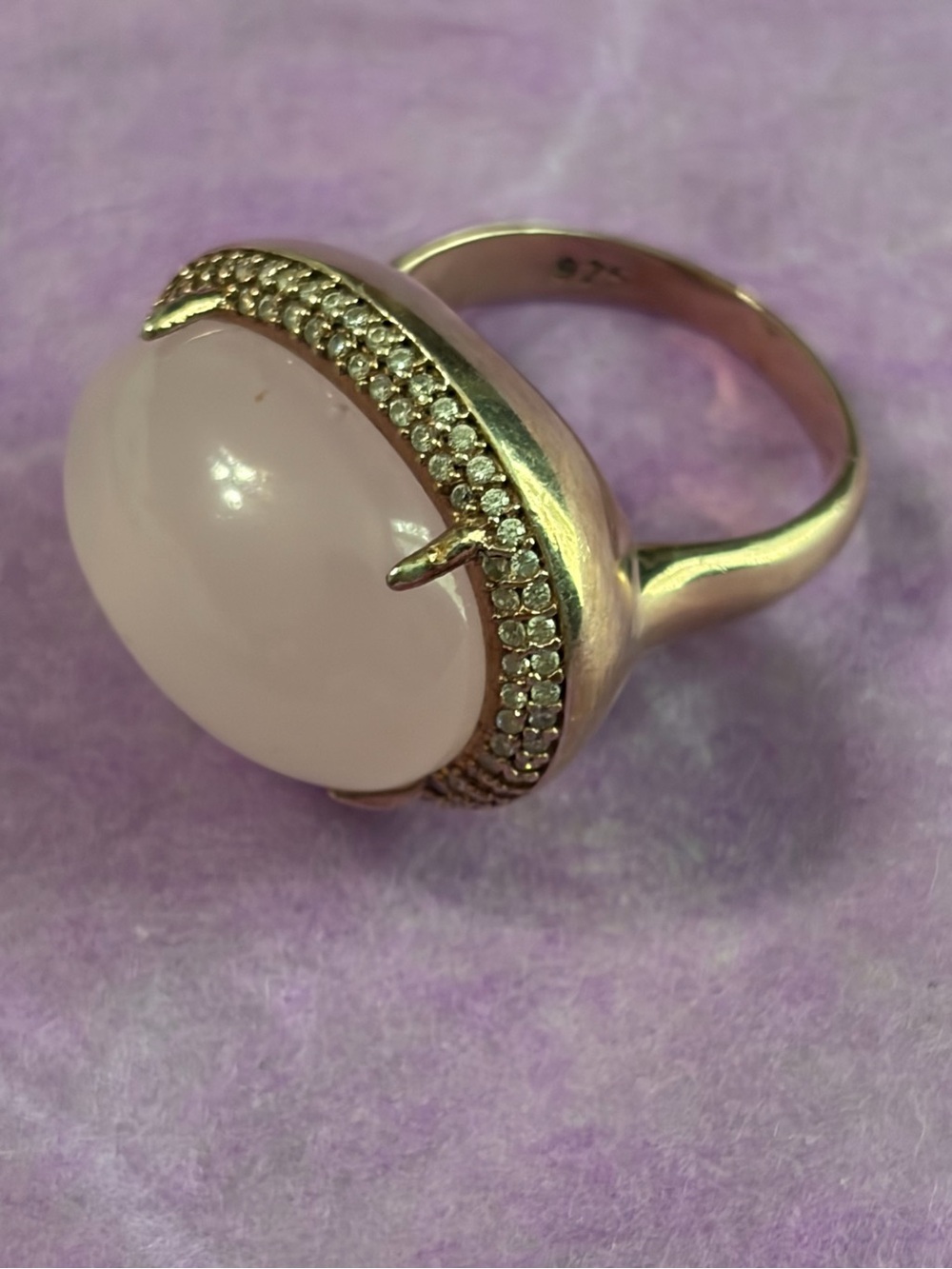 Sterling Silver Rose Quartz Dome Ring with Pavé Accents